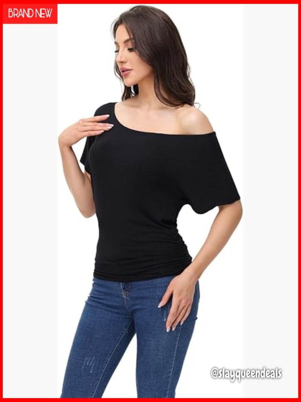 Oversized Ruched T-Shirt with 3-in-1 Neckline, Batwing Sleeves, Rayon Blend